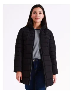 Regatta Recycled Polyester Long Line Straight Quilted Jacket With Fold Away Hood In Black -Myer Clothing Shop 967338100 4 720x928