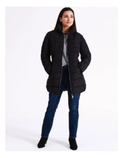 Regatta Recycled Polyester Long Line Straight Quilted Jacket With Fold Away Hood In Black -Myer Clothing Shop 967338100 7 720x928