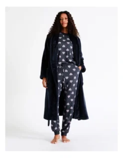 SOHO Leah Fleece Long Sleeve Robe In Navy