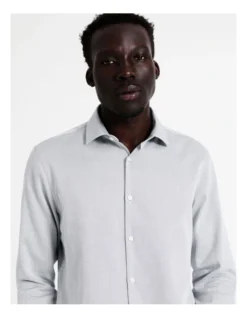 Slim Long Sleeve 1 Colour Dobby Shirt In Blue -Myer Clothing Shop 967573630 3 720x928