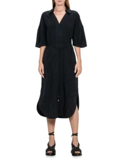 Drapey Linen Shirt Dress In Black