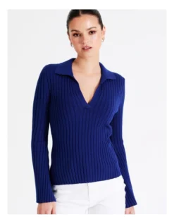 Flared Sleeve Rib Knit Polo In Cobalt -Myer Clothing Shop 968416930 4 720x928