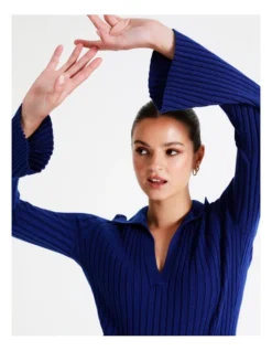 Flared Sleeve Rib Knit Polo In Cobalt -Myer Clothing Shop 968416930 7 720x928