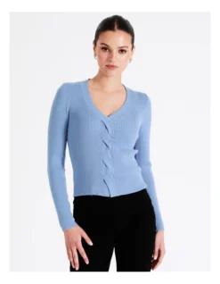 Twist Front Long Sleeve Knit Top In Blue