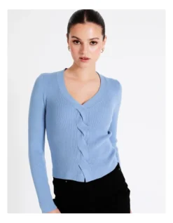 Twist Front Long Sleeve Knit Top In Blue -Myer Clothing Shop 968417200 5 720x928