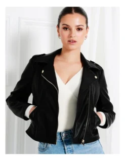 Recycled Blend Faux Leather Biker Jacket In Black -Myer Clothing Shop 968458150 4 720x928