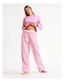 Chloe & Lola Selena Woven Cotton Long Pant In Pink Houndstooth