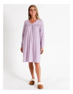 SOHO Timeless Celeste V-Neck Midi Cotton Knit Long Sleeve Nightie In Lilac Floral