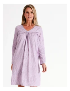 SOHO Timeless Celeste V-Neck Midi Cotton Knit Long Sleeve Nightie In Lilac Floral -Myer Clothing Shop 968553010 3 720x928