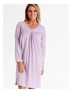 SOHO Timeless Celeste V-Neck Midi Cotton Knit Long Sleeve Nightie In Lilac Floral -Myer Clothing Shop 968553010 6 720x928
