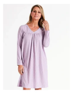 SOHO Timeless Celeste V-Neck Midi Cotton Knit Long Sleeve Nightie In Lilac Floral -Myer Clothing Shop 968553010 7 720x928
