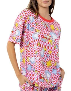 Warped Check Short Sleeve Printed Sleep Tee In Red Multi -Myer Clothing Shop 968635270 4 720x928