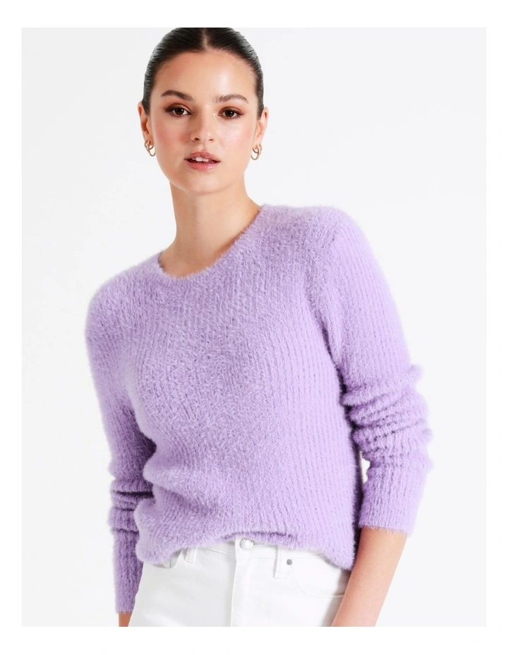 Recycled Blend Fluffy Long Sleeve Knit Top In Purple 1 Recycled Blend Fluffy Long Sleeve Knit Top In Purple