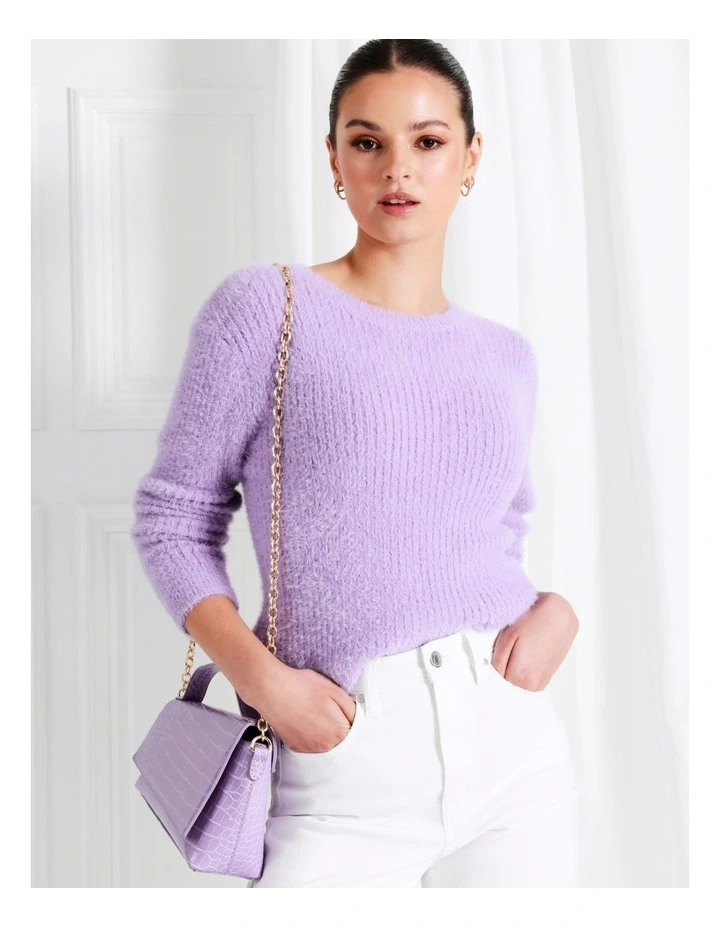 Recycled Blend Fluffy Long Sleeve Knit Top In Purple 2 Recycled Blend Fluffy Long Sleeve Knit Top In Purple - Image 2