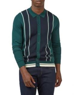 Ben Sherman Long Sleeve Mod Button Through Cable Polo In Ocean Green