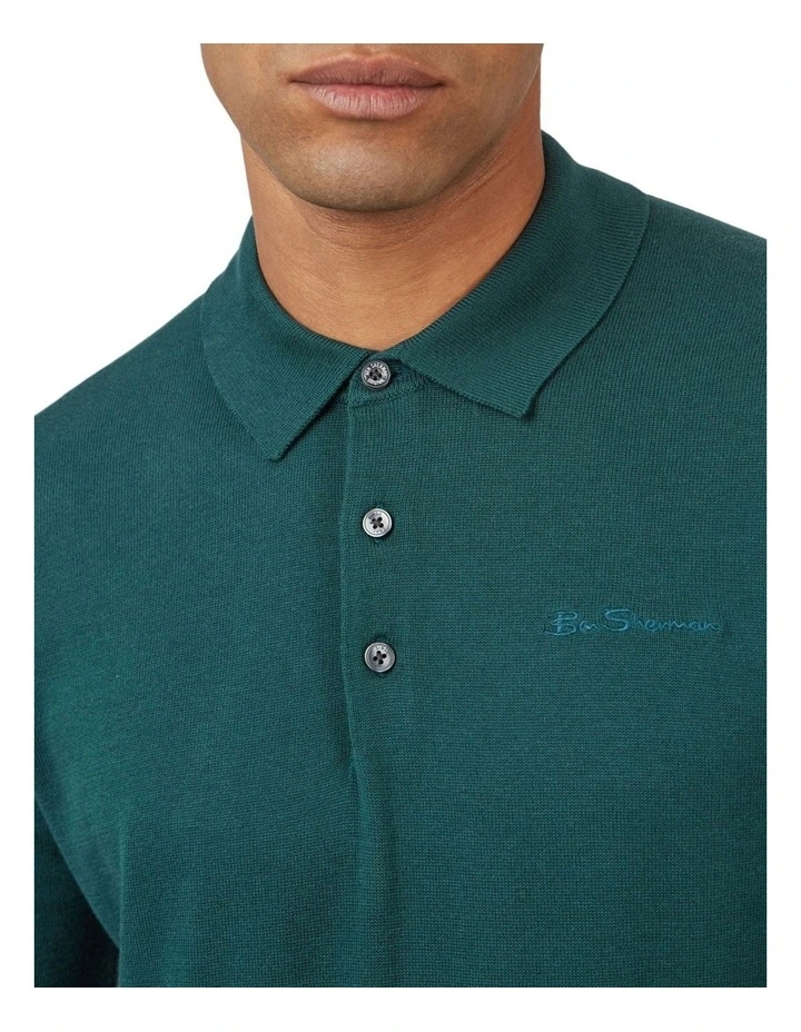 Ben Sherman Signature Long Sleeve Knitted Polo In Green 3 Ben Sherman Signature Long Sleeve Knitted Polo In Green - Image 3