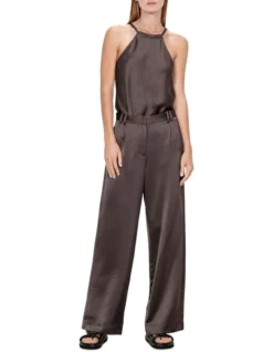 Soft Satin Wide Leg Pant In Brown