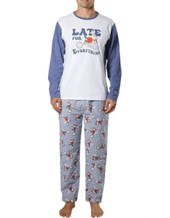 I'm Late Mens Tee And Flannelette Pant PJ Set In Blue
