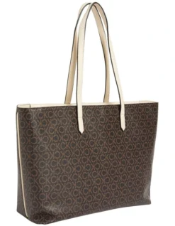 Calvin Klein Mono Faux Leather Tote Bag In Brown