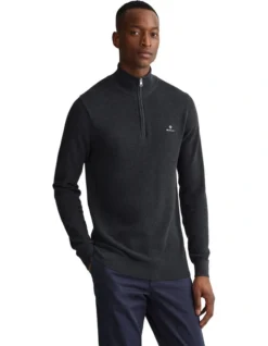 Gant Cotton Pique Half Zip Knit In Anthrocite