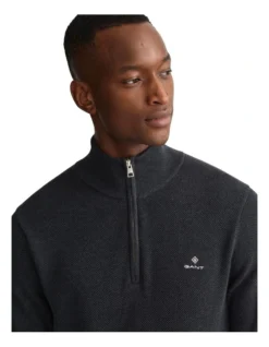 Gant Cotton Pique Half Zip Knit In Anthrocite -Myer Clothing Shop 974190430 3 720x928