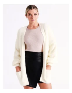 Recycled Blend Longline Fluffy Knit Cardigan In Cream