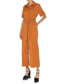 Twill Belted Jumpsuit In Orange
