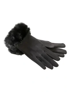 Faux Fur Wrist Detail Gloves In Black