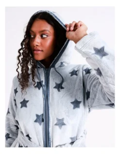 SOHO Stella Fleece Long Sleeve Zip-Up Robe In Grey Star