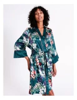 Chloe & Lola Botanical Gardens Recycled Satin Robe In Teal Botanical -Myer Clothing Shop 976499110 7 720x928
