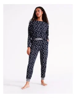 SOHO Simone Knit Long Cuffed Pant In Navy Paisley