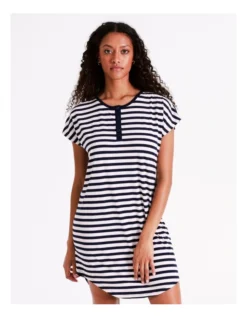 SOHO Simone Knit Short Sleeve Henley Nightie In Pink & Navy Stripe