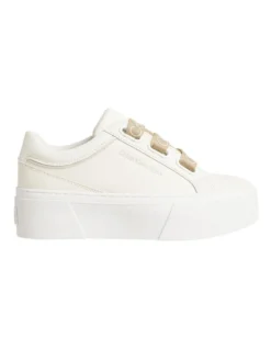 Calvin Klein Leather Low Top Lace Up Sneakers In Ivory