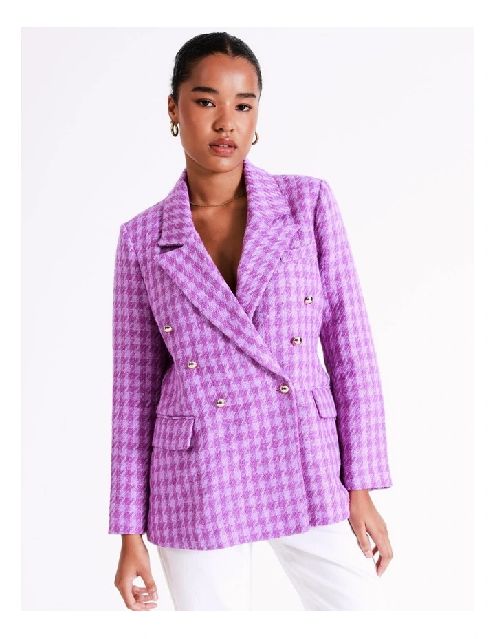 Double Breasted Boucle Check Blazer In Purple 1 Double Breasted Boucle Check Blazer In Purple