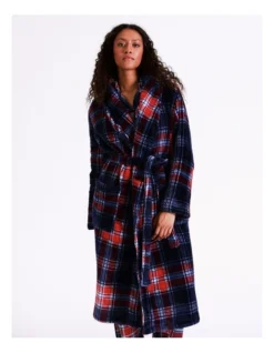 SOHO Leah Fleece Robe In Navy Tartan
