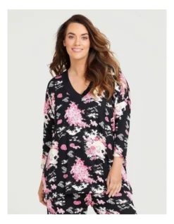 Bamboo Oriental V-neck Pyjama Top In Black Multi