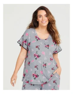 Bamboo Gingham Floral Pyjama Top In Black Multi