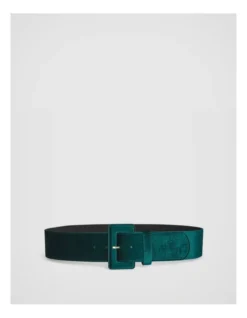 Square Buckle Velvet Belt In Teal Green