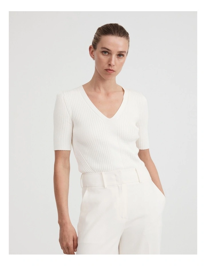 Rib V Neck Short Sleeve Knit In Chalk 1 Rib V Neck Short Sleeve Knit In Chalk
