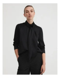 Silk Satin Pussybow Blouse In Black