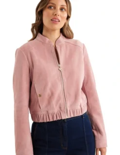 Minnie Suede Bomber Jacket In Pink 6 Minnie Suede Bomber Jacket In Pink -Myer Clothing Shop 983684350 3 720x928
