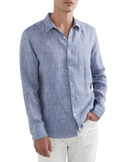French Connection Linen Classic Fit Shirt In Blue