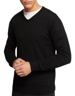 Oxford V-Neck Pure Merino Wool Pullover In Black -Myer Clothing Shop 986194720 4 1 720x928