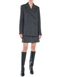 Wool Double Breasted Herringbone Blazer In Grey