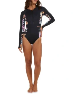 Roxy Active Zebra Jungle Long Sleeve One Piece In Black