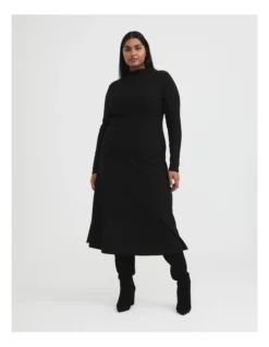 Mock Neck Rib Dress In Black