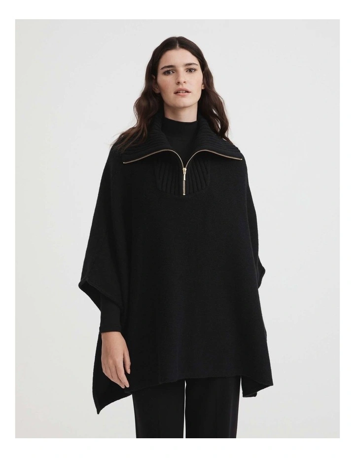 Rib Neck Poncho In Black 1 Rib Neck Poncho In Black