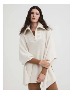 Rib Neck Poncho In Oatmeal Marle