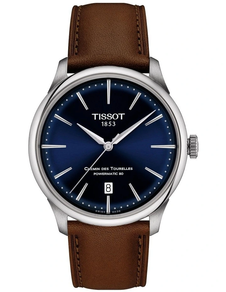 Tissot Chemin Des Tourelles Powermatic 80 39mm T1398071604100 Watch In Blue/Brown Leather 1 Tissot Chemin Des Tourelles Powermatic 80 39mm T1398071604100 Watch In Blue/Brown Leather